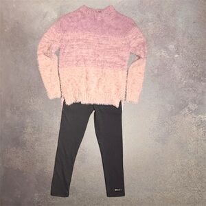 DKNY 2 Pc Outfit | Pink Eyelash Knit Sweater | Black Leggings Set | Girls 6 NWT